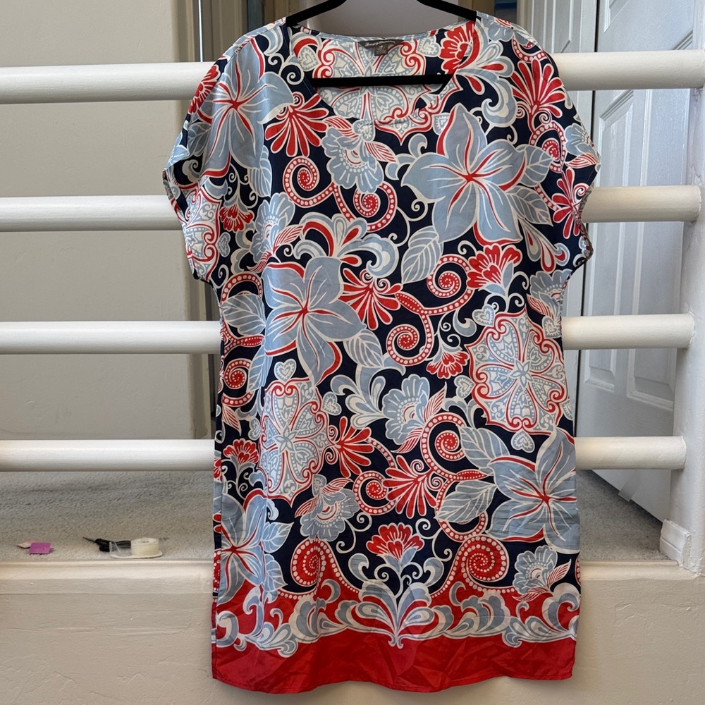Tommy Bahama Navy, Red & Light Blue Floral Short Sleeve Silk Mini Dress or Tunic